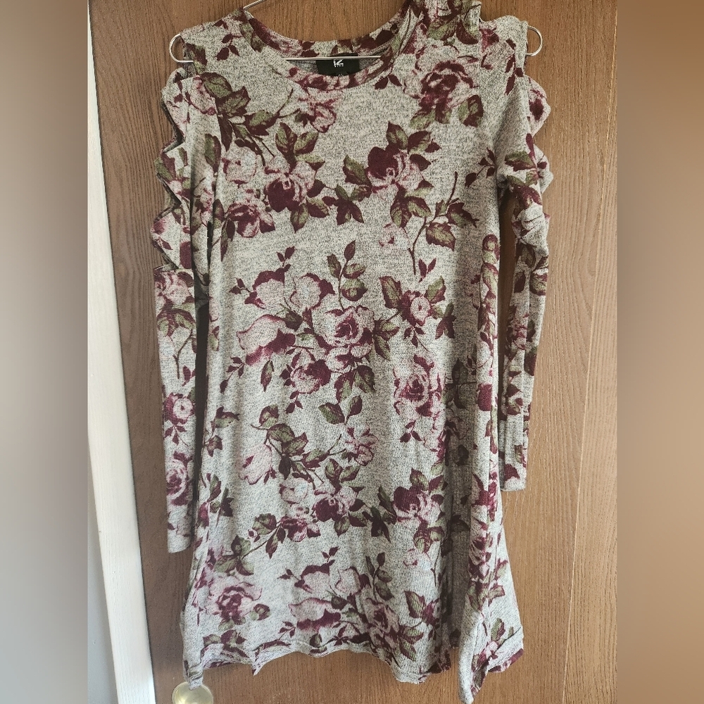 Iz Byer Long Sleeve Floral Dress in Burgundy and Olive